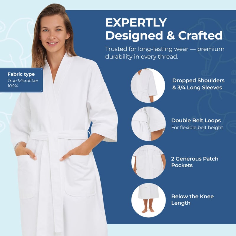 MONARCH Chamois Microfiber Spa Kimono Robe for Men or Women â€“ Soft Lightweight Fabric with Classic Kimono Design, Generously Sized Hotel & Spa Robe with Pockets â€“ Machine Washable (White, Large) - Image 4